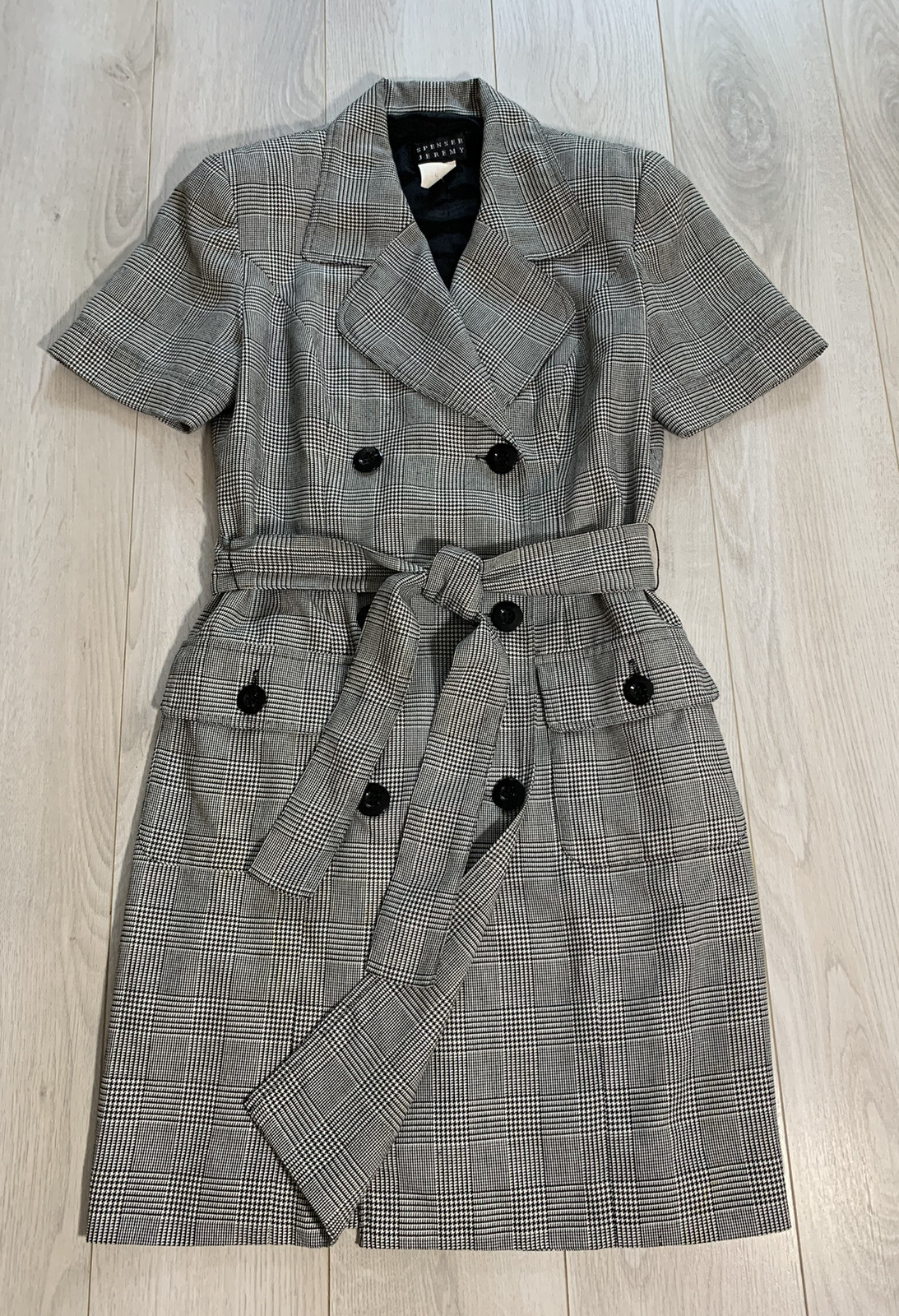 Spenser Jeremy Gray Houndstooth Vintage Waist Tie Belt Trench Wrap Dress Sz 6