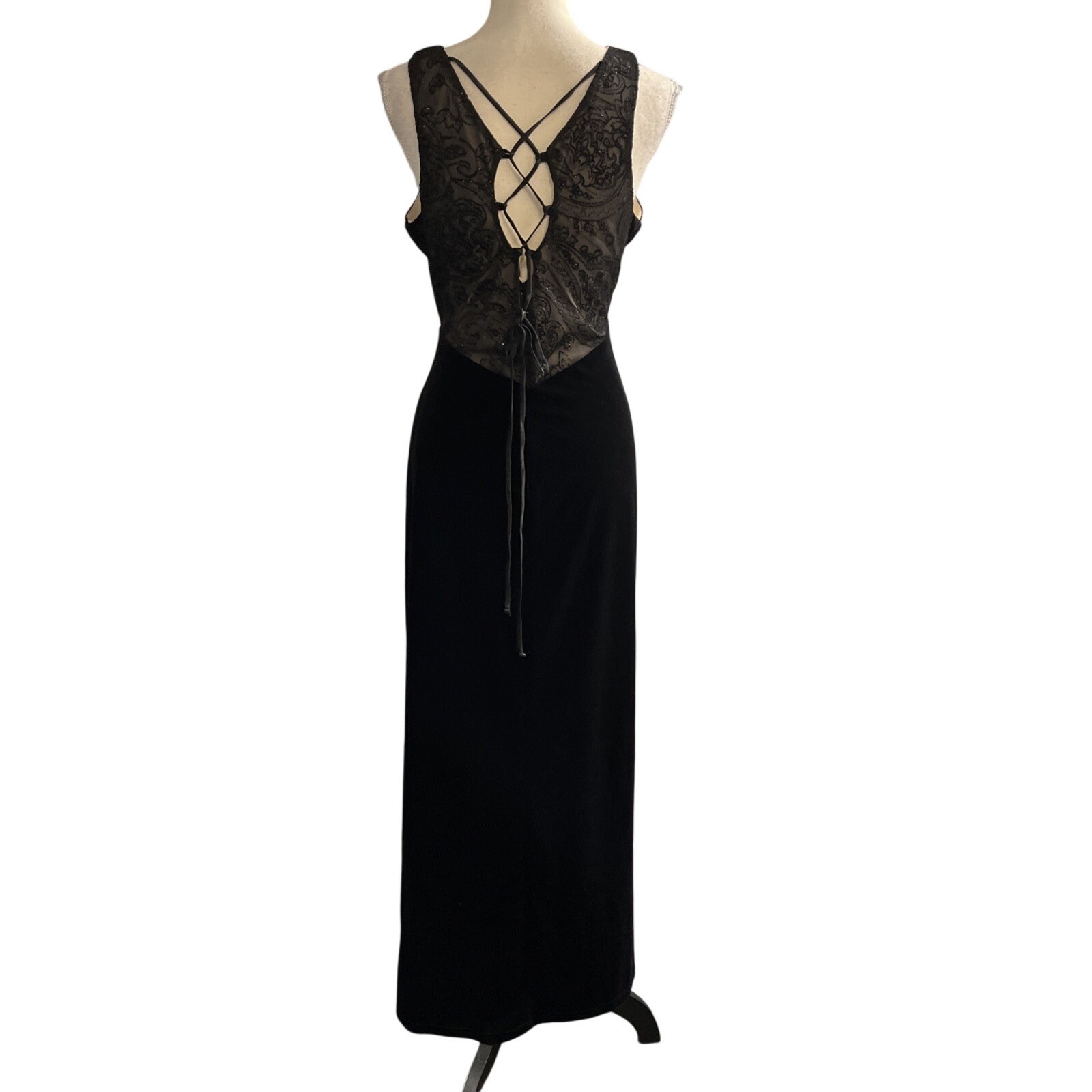 Vintage Connected Apparel Y2K Dress 12 Black Velvet Mesh Sheer Mesh Bodice Maxi