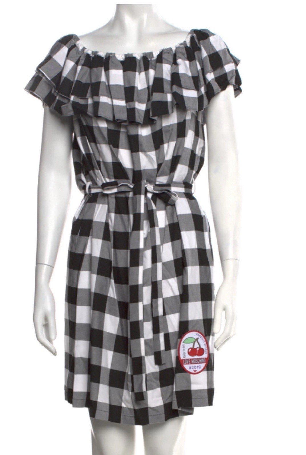 Love Moschino Black White Gingham Off Shoulder Dress Cherry Patch Size S