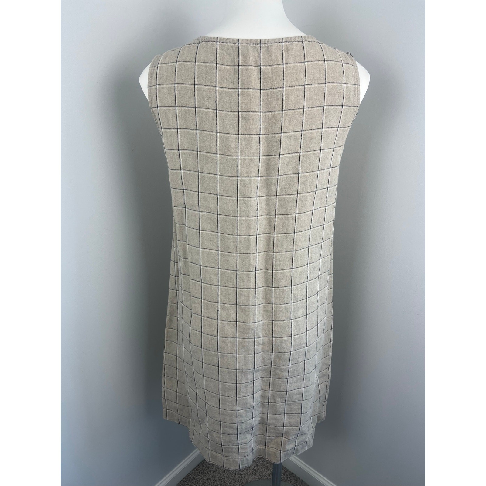 Linenfox Tan Black Check Print Sheath Dress Medium