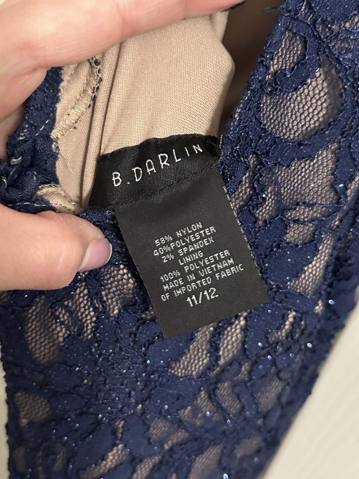 B Darlin Size 11/12 Formal Dress, Navy Blue With Gold Underlay
