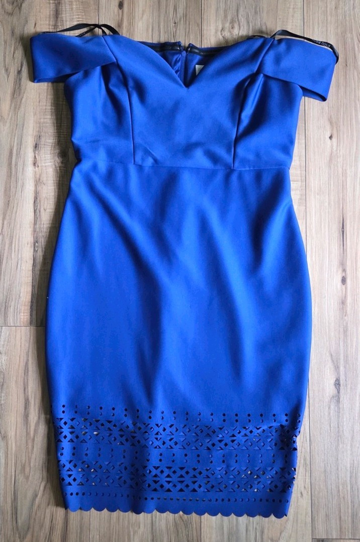 BISOU BISOU Blue Sheath Dress Sweetheart Off-Shoulder Knee Length Zip, 14
