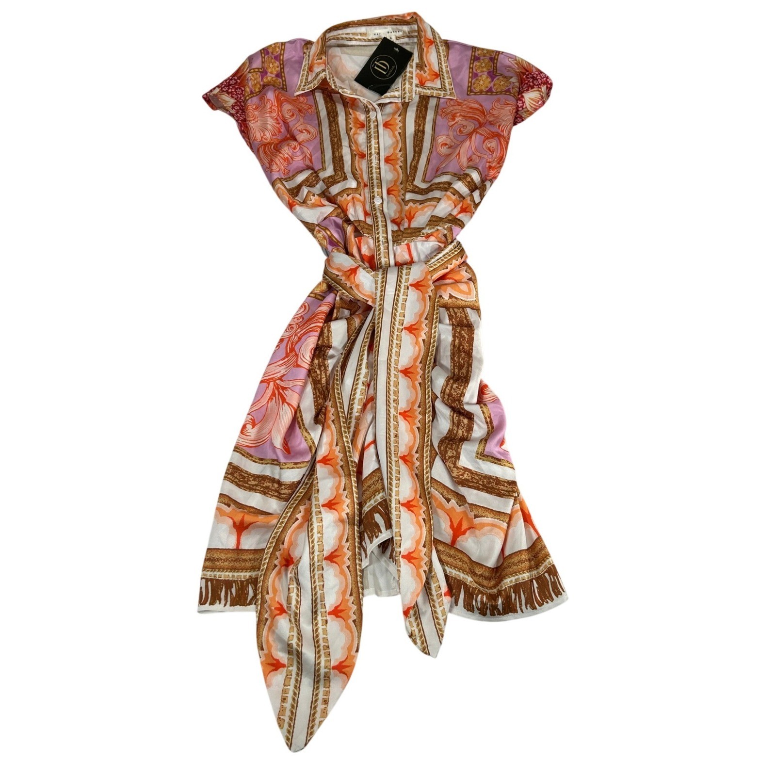 Touch Dolls Her Bottari Baroque Scarf Print Button Front Tie Waist Dress Small