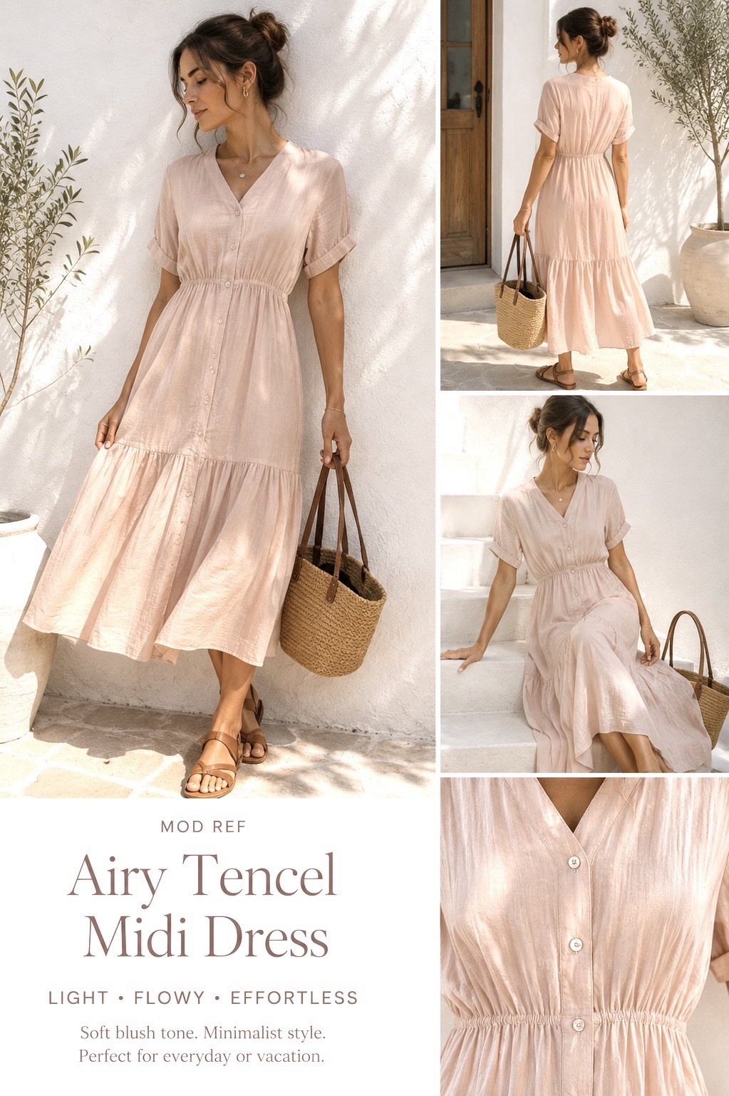 MOD REF Blush Pink Tencel Midi Dress Minimalist Resort Cottagecore