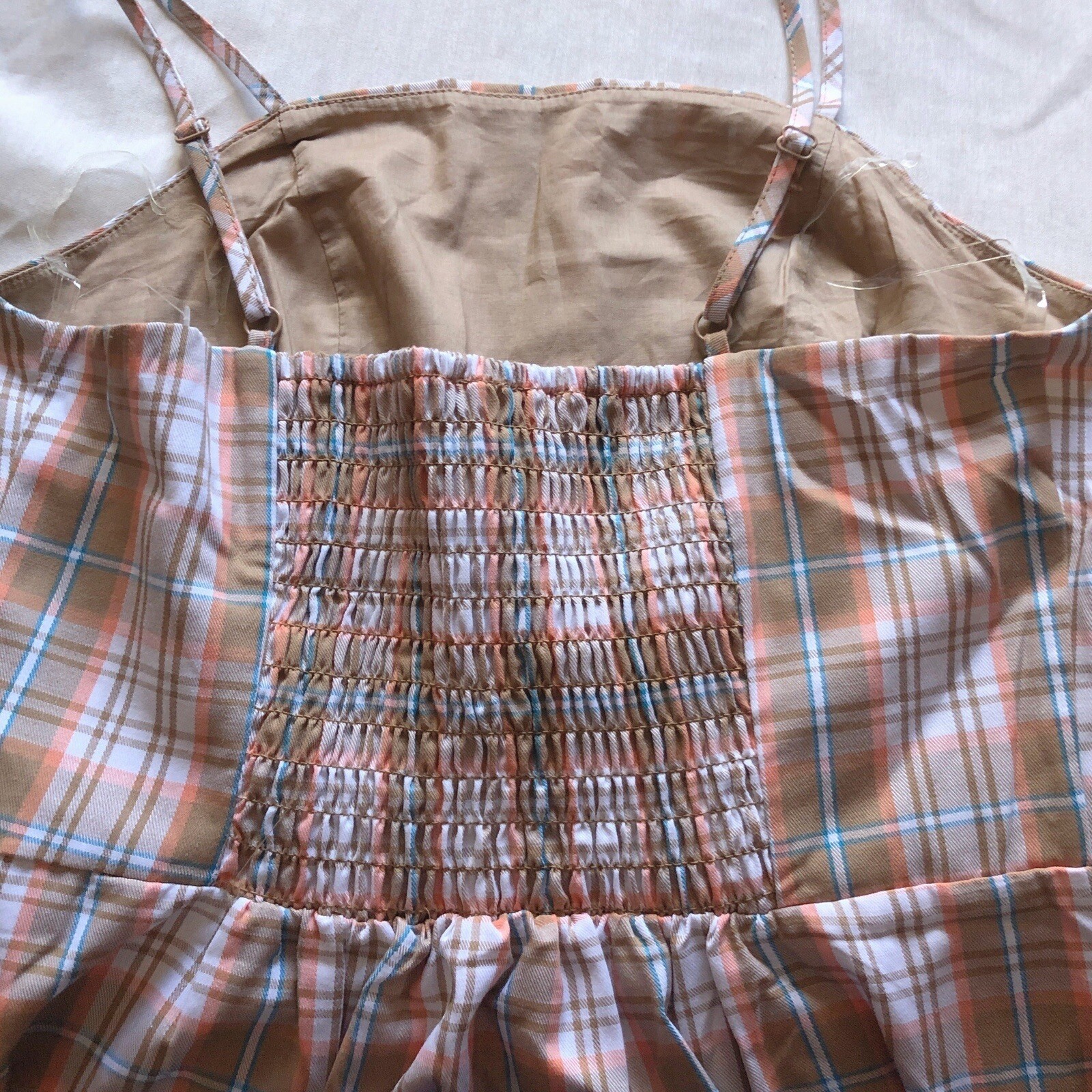 No Boundaries Tan White Orange Blue Plaid Mini Sleeveless Pinafore Dress Size M