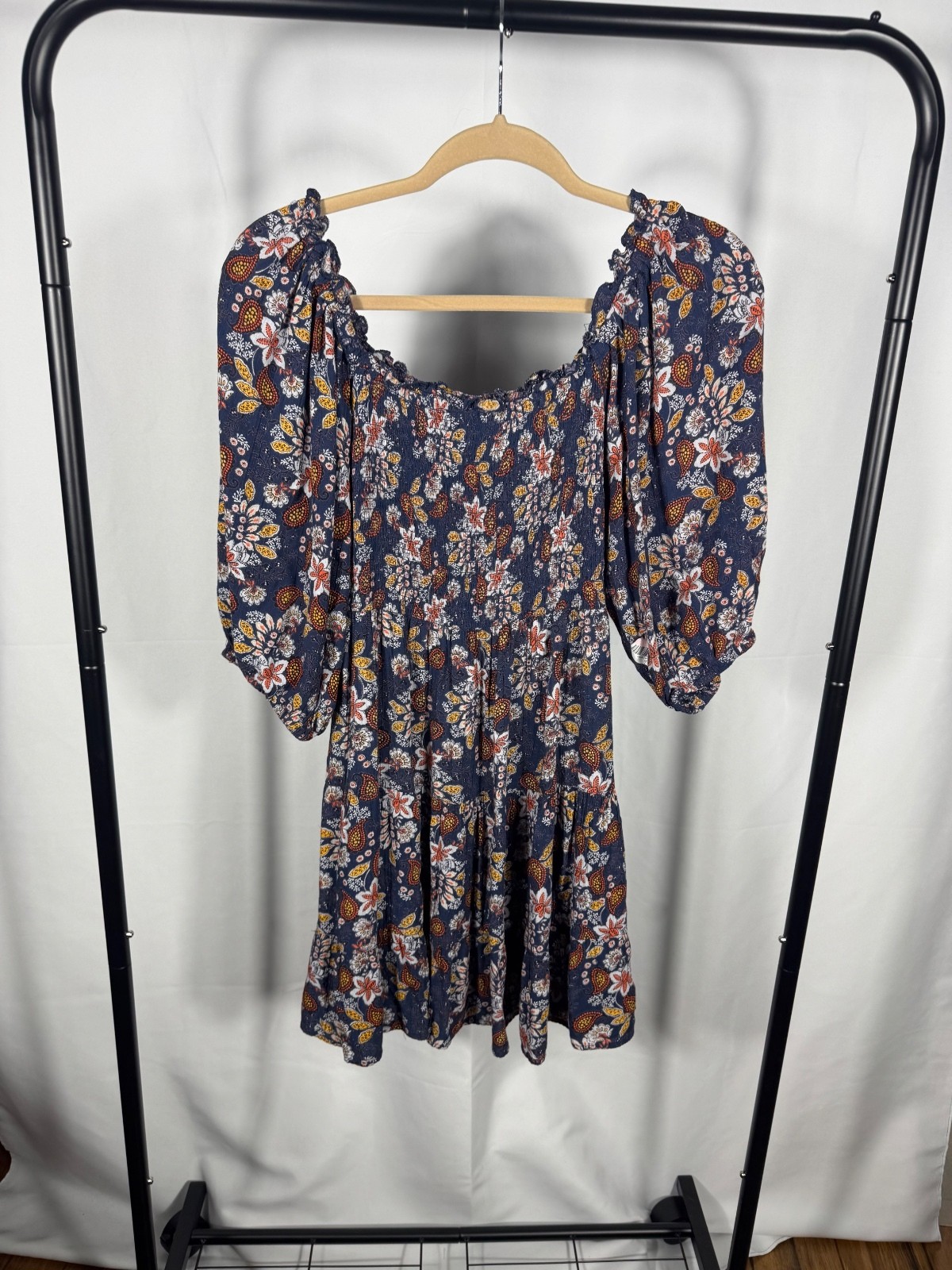 Angie Navy Blue Floral Rayon Puff Sleeve Dress Size L
