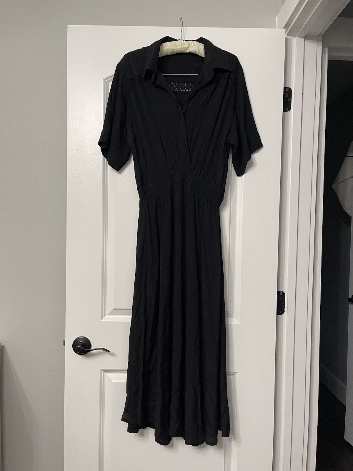 AURA Black Midi Dress Short Sleeve Collared Lace Accents Belted Career Casual M