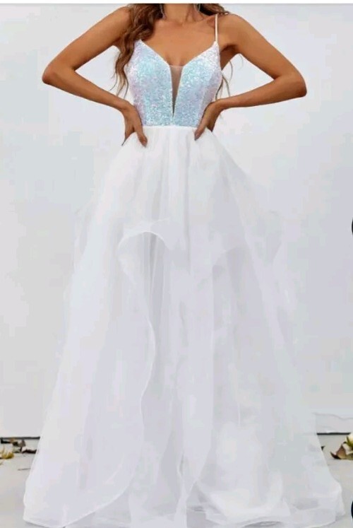 FAERIESTY womens white sequin embellished lace back ballgown dress size 12 prom
