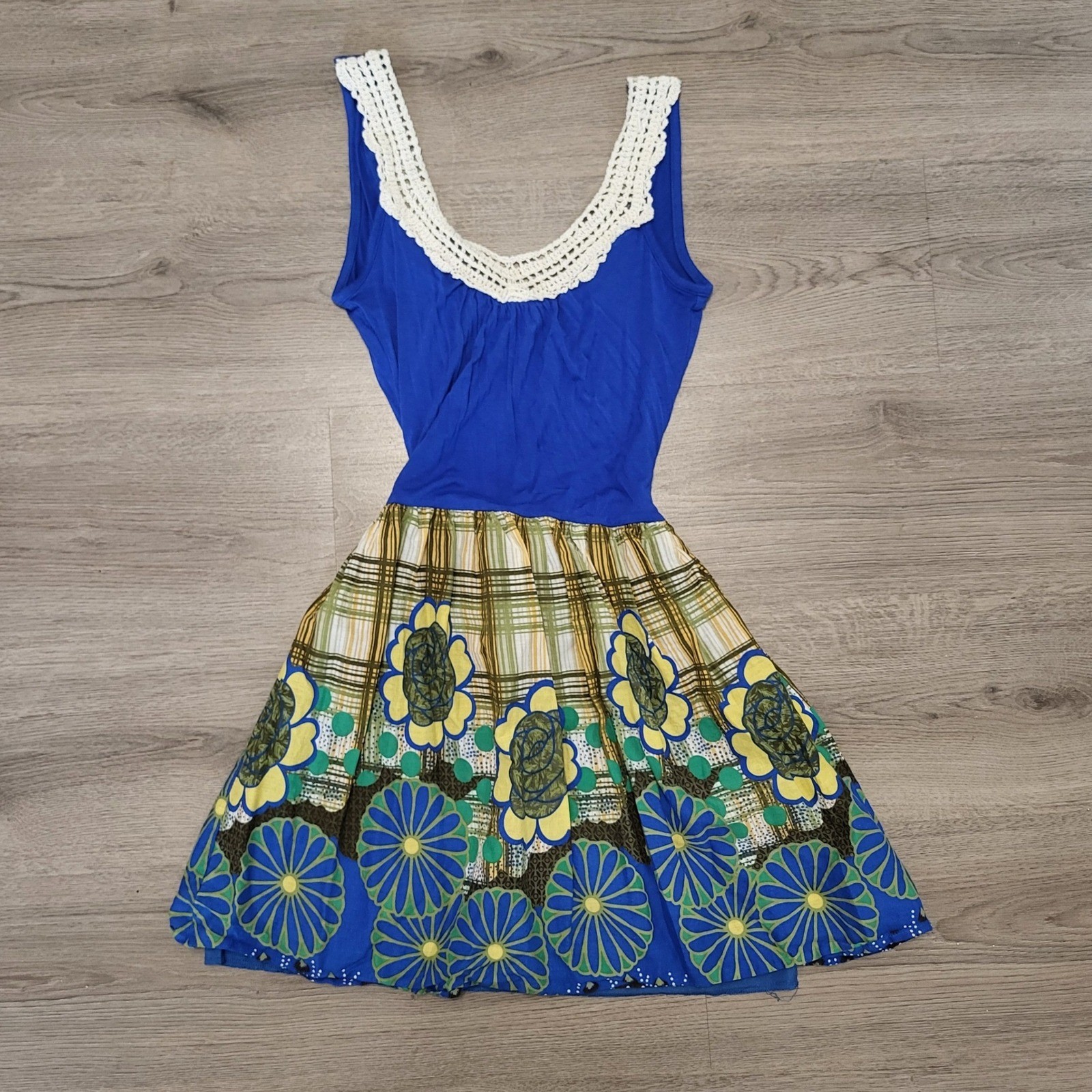 Love Stitch Blue Floral Plaid Mixed Print Boho Dress with Crochet Trim Small Y2K