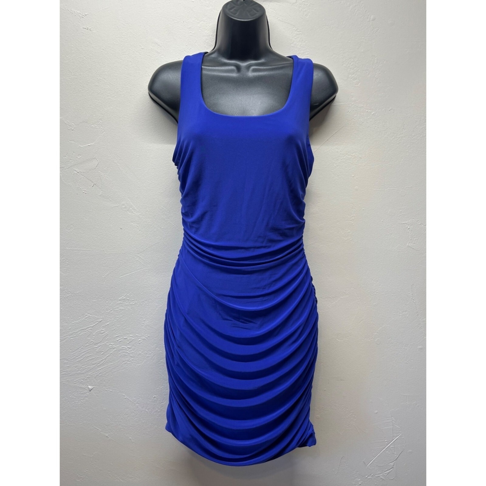 VTG DEB Mini Club Dress Ruched Caged Back Sleeveless Large Blue Bodycon Y2K