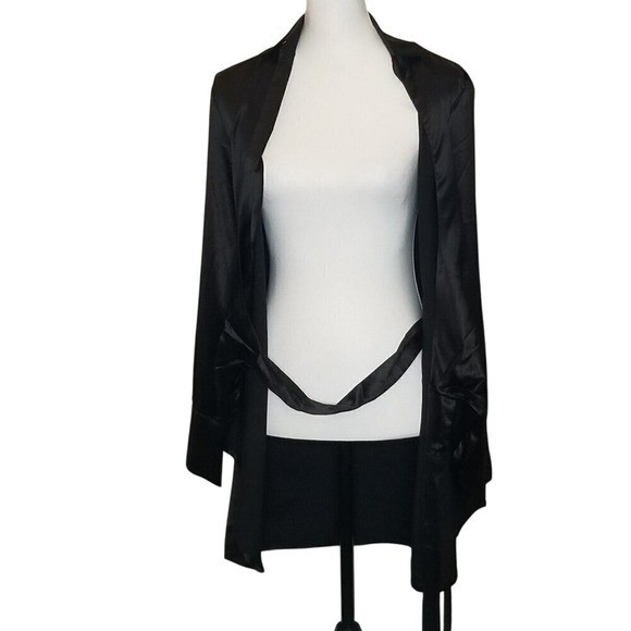 FINESSE Black Satin Ruched Wrap Mini Shirt Dress Button Cuff S LBD Romantic Dark