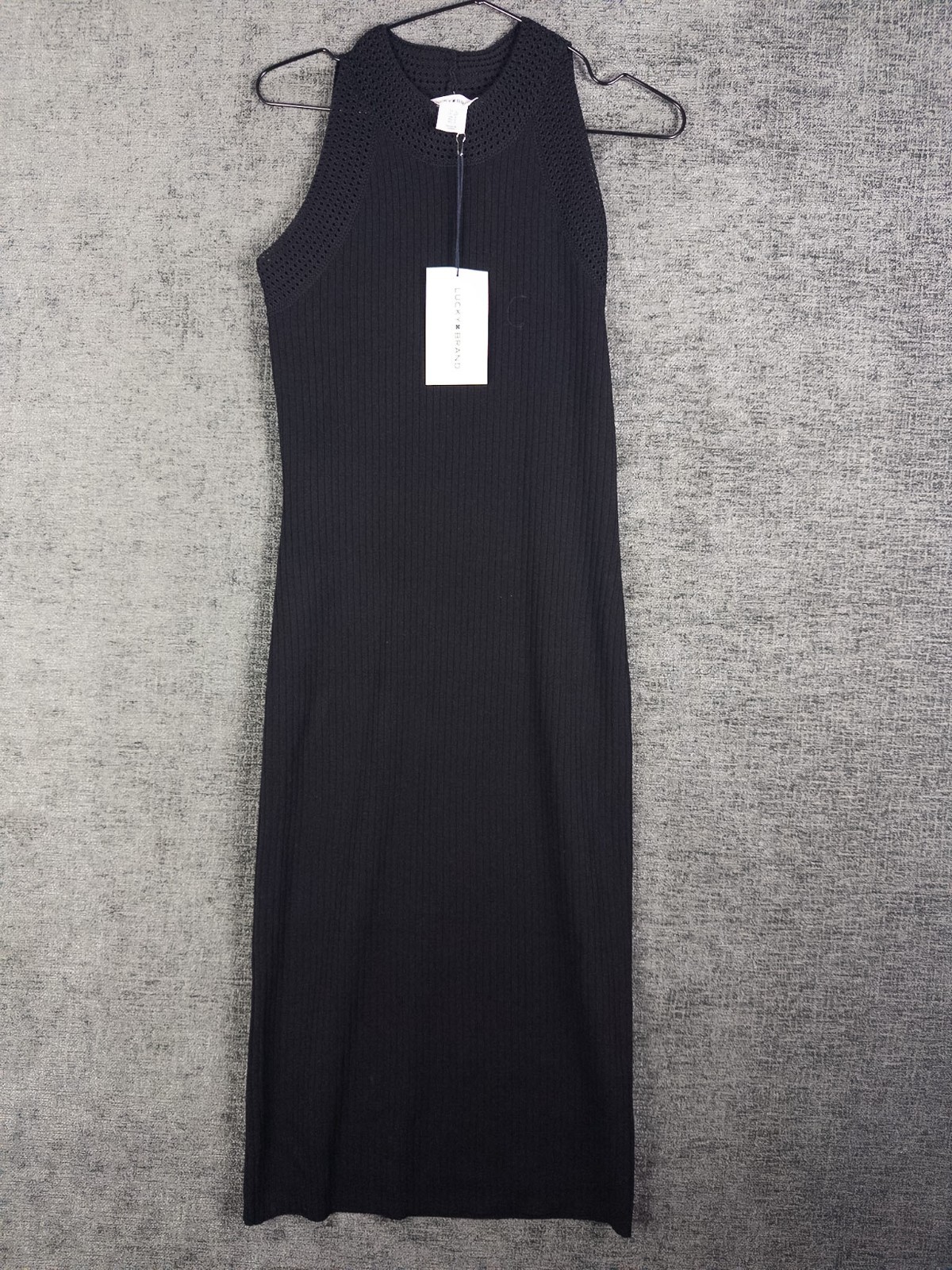 NWT Lucky Brand Maxi Dress Womens S Black Ribbed Crochet Sleeveless Beachy Coast