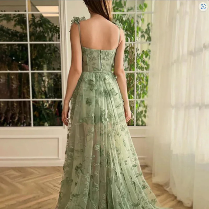 Forest Fairy Evening Gown Lace Mesh Modest Dress Thigh High Slit Long Dresses