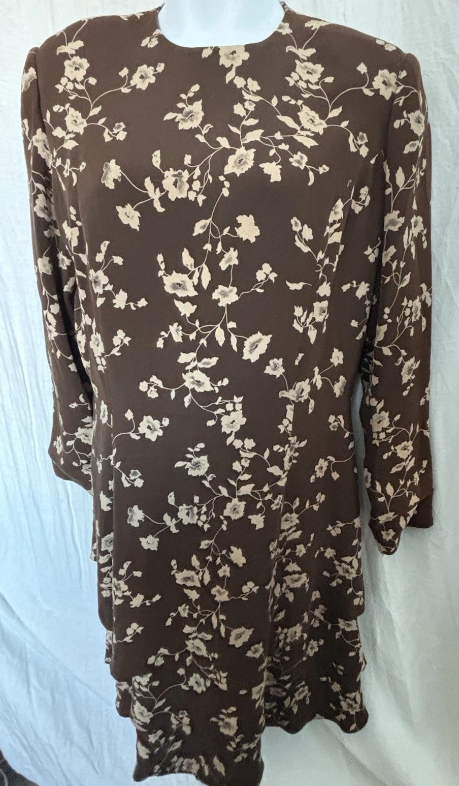 VTG Brown Beige graphic Floral Print Dress 100% Silk Back Zip Tiers PATRICK 14