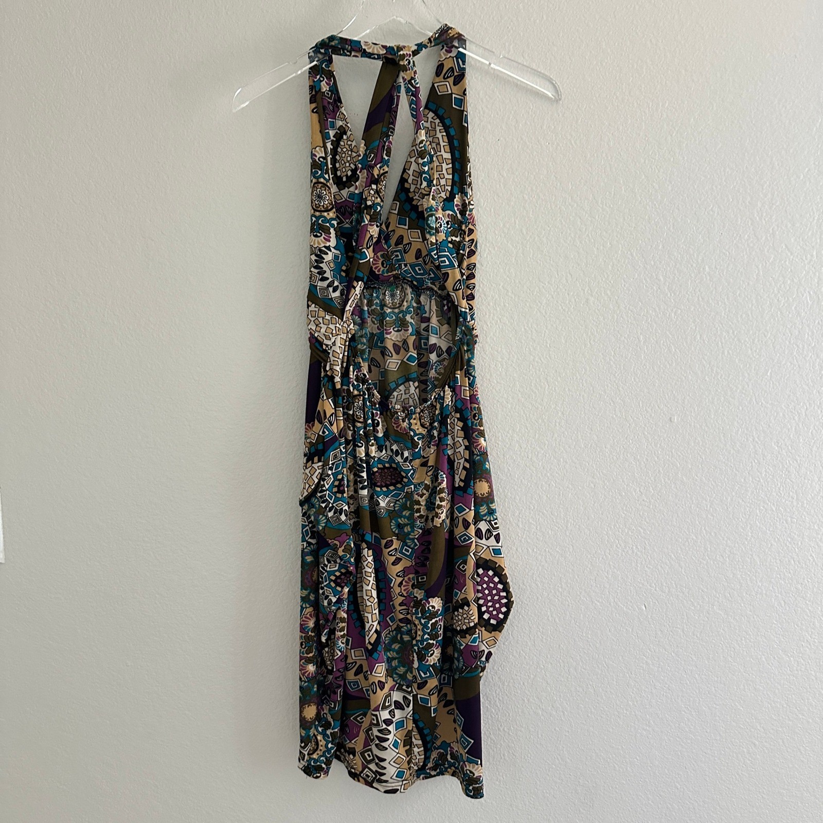 Halter Midi Dress Womens Medium Multi Color Boho Geometric Open Back Jersey Knit