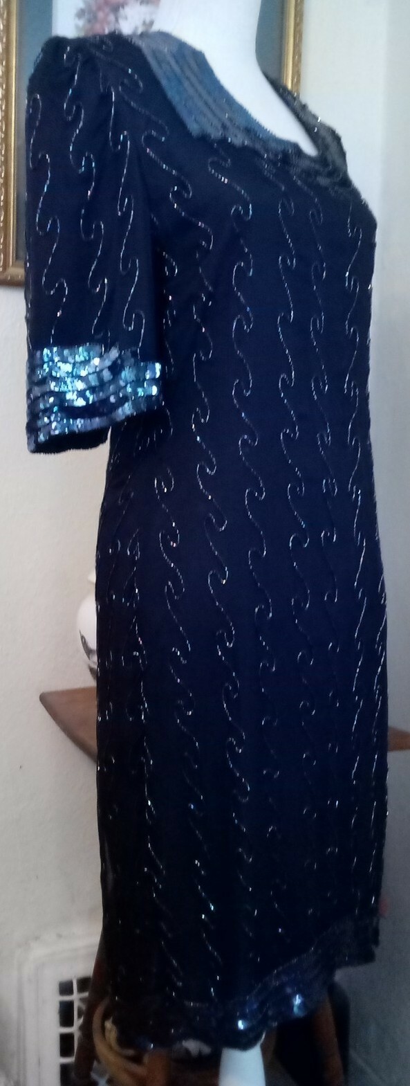 Creative Creations Large Dress Midnight Blue Beaded Sequins Silk Short Sleeves