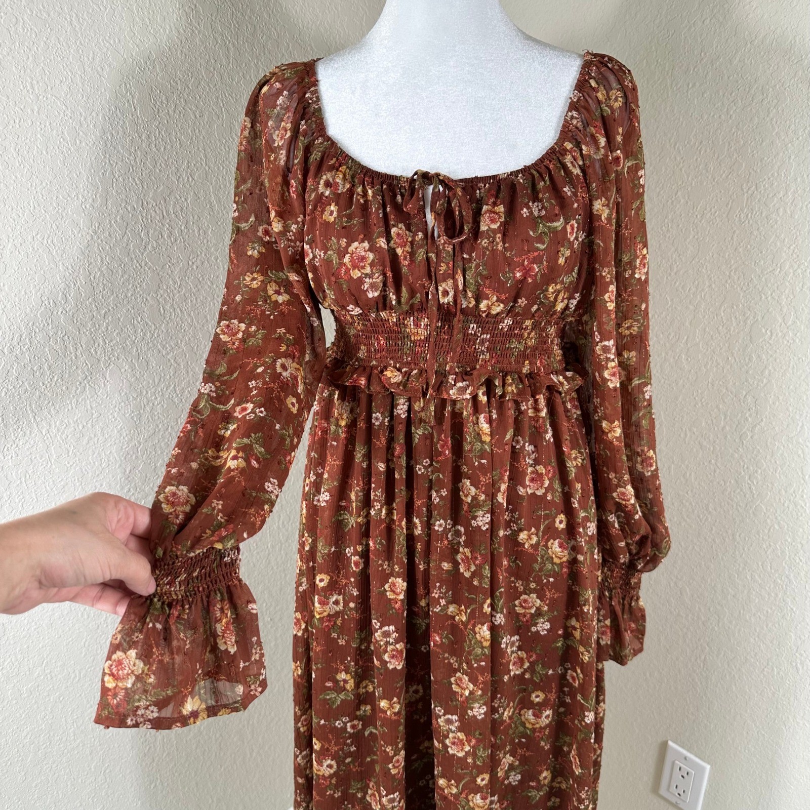 By the River Maxi Dress Women S Rust Brown Floral Cottagecore Boho Romantic LS