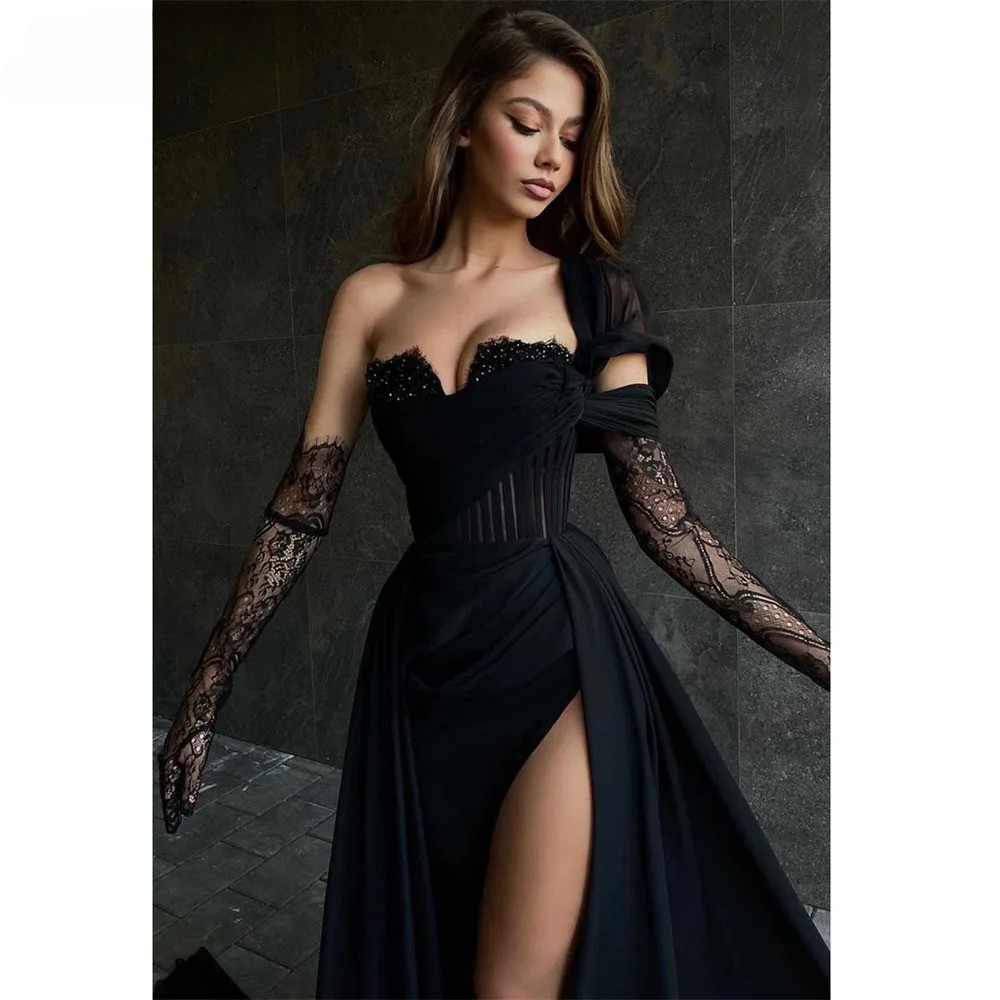 Red Side High Split Mermaid Evening Dresses One Shoulder Prom Dresses Stain