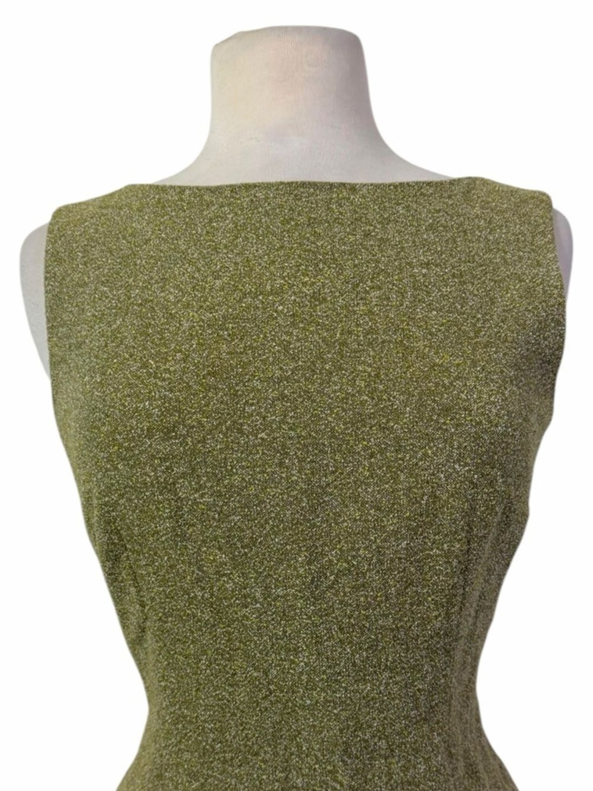 David Meister Olive Green Wool Boucle Ruffle Hem Sleeveless Sheath Dress 6