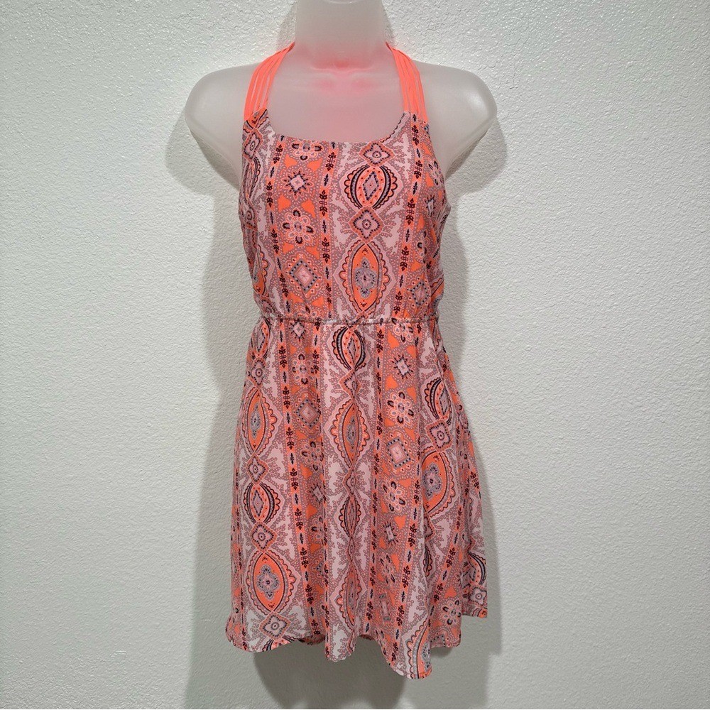 neon orange tribal print sleeveless open cut out backless dress