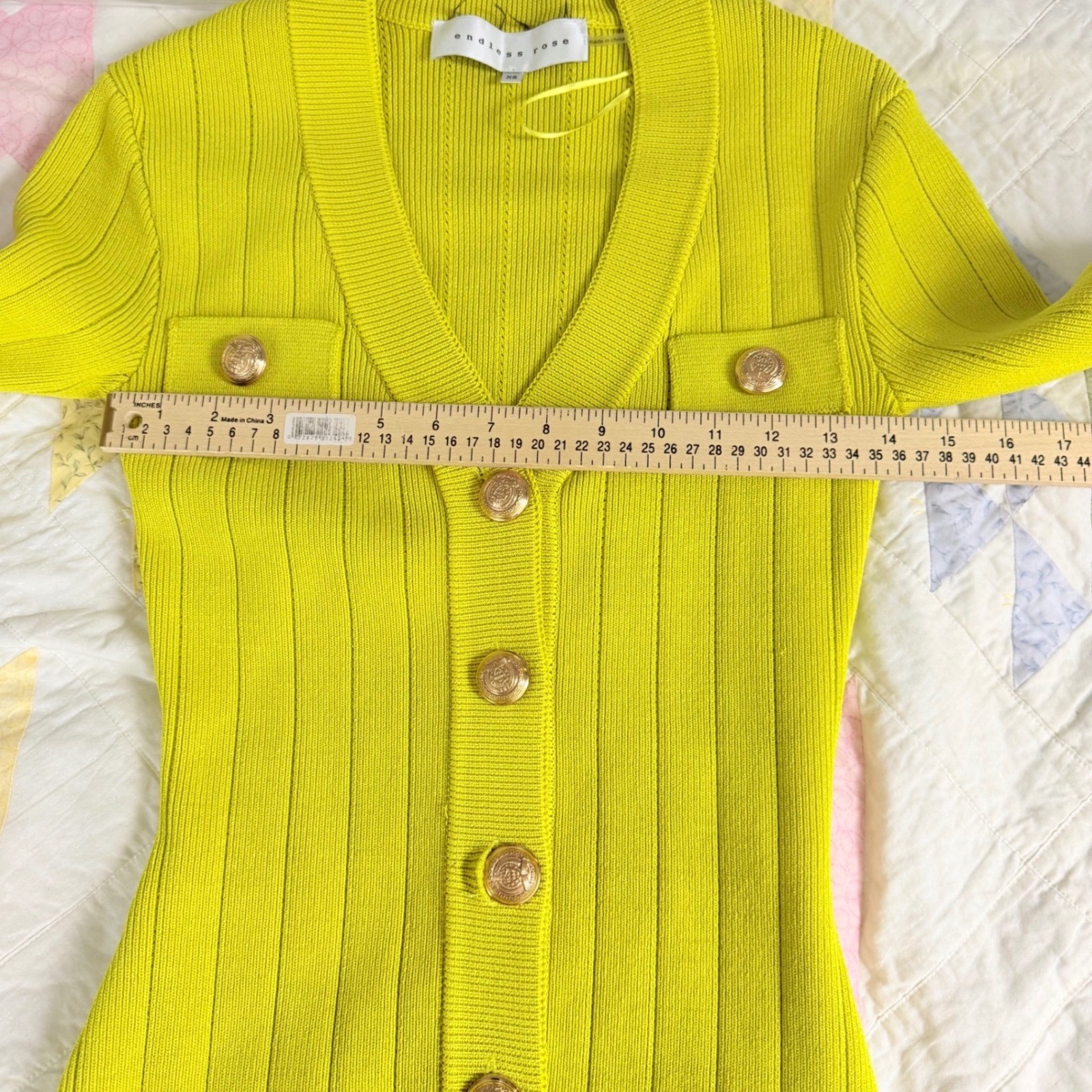 Endless Rose Lime Yellow Ribbed Knit Button Down Mini Dress Gold Crest Button XS
