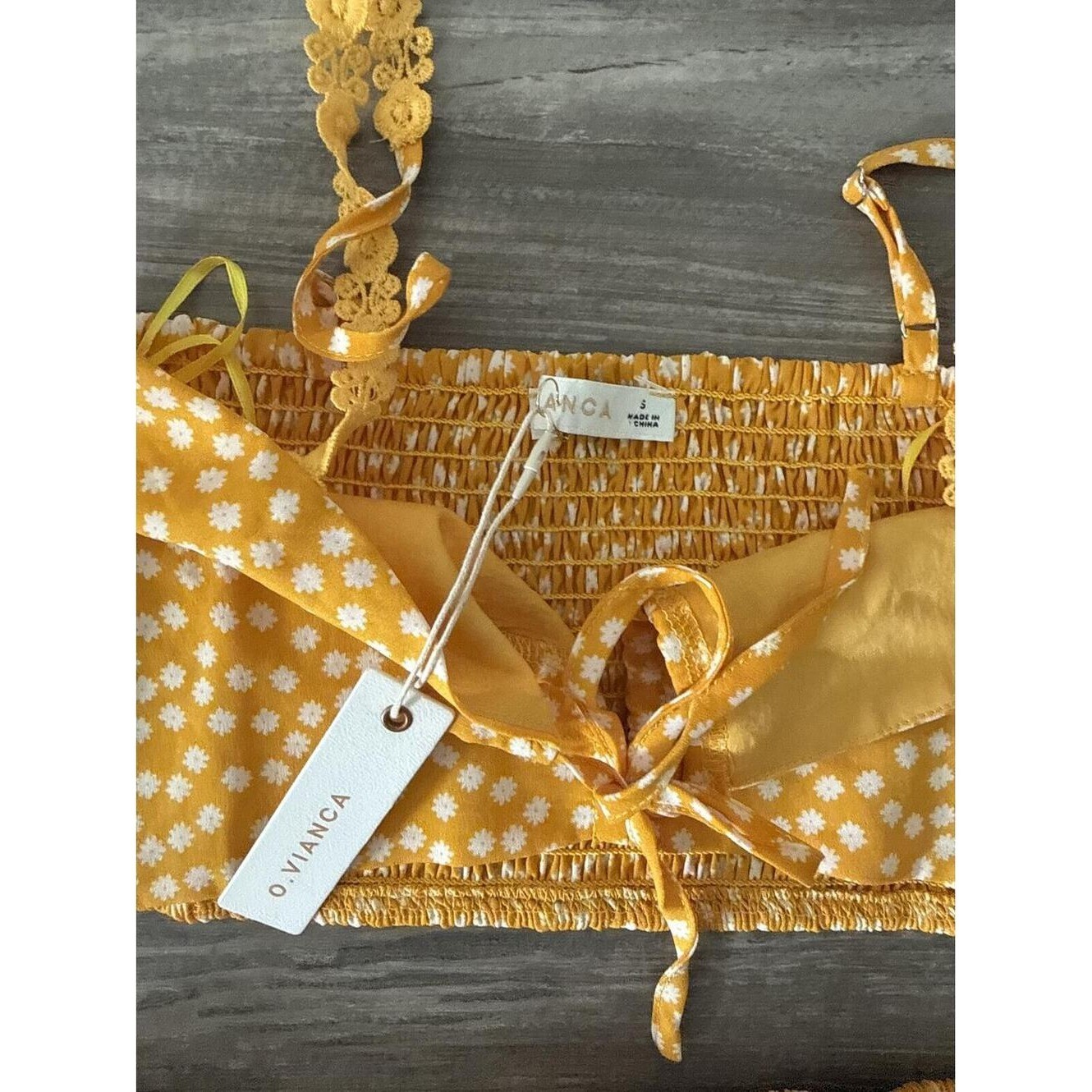 O. Vianca Yellow Daisy Ruched Two Piece Set Size S NWT
