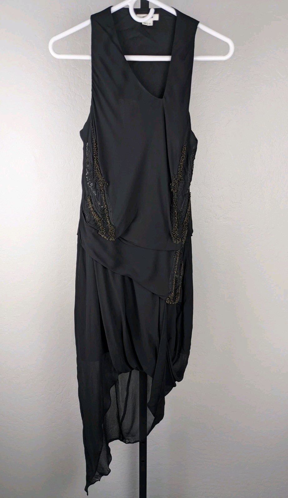 Helmut Lang size 2 black beaded Asymmetric Draped Twist Sleeveless Dress RARE