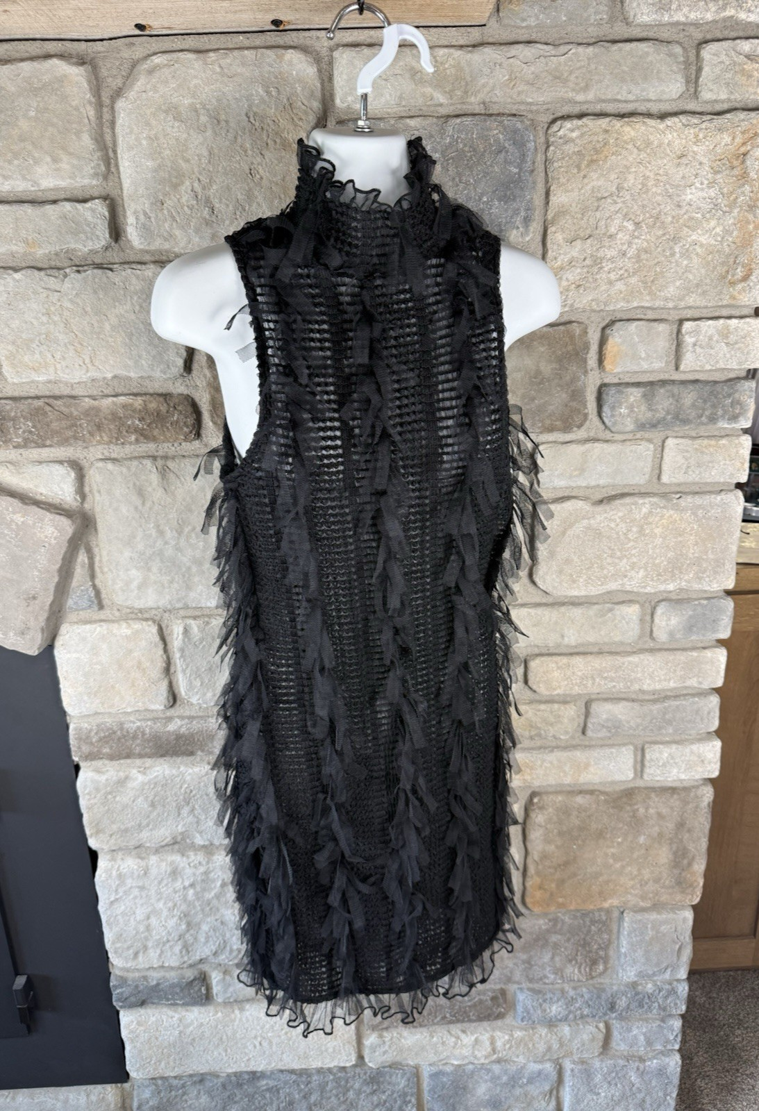 Fashion Nova Black Smocked Mesh Mini Dress Size Large Sexy See Through Fringe