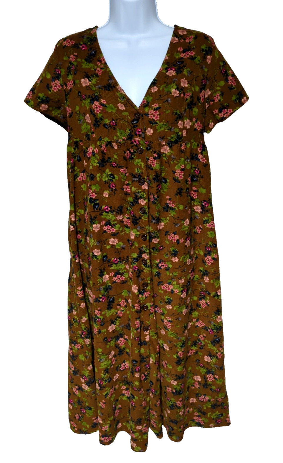 Natural Life Brown Floral Corduroy Shirt Dress Size M Button-up Short Sleeve