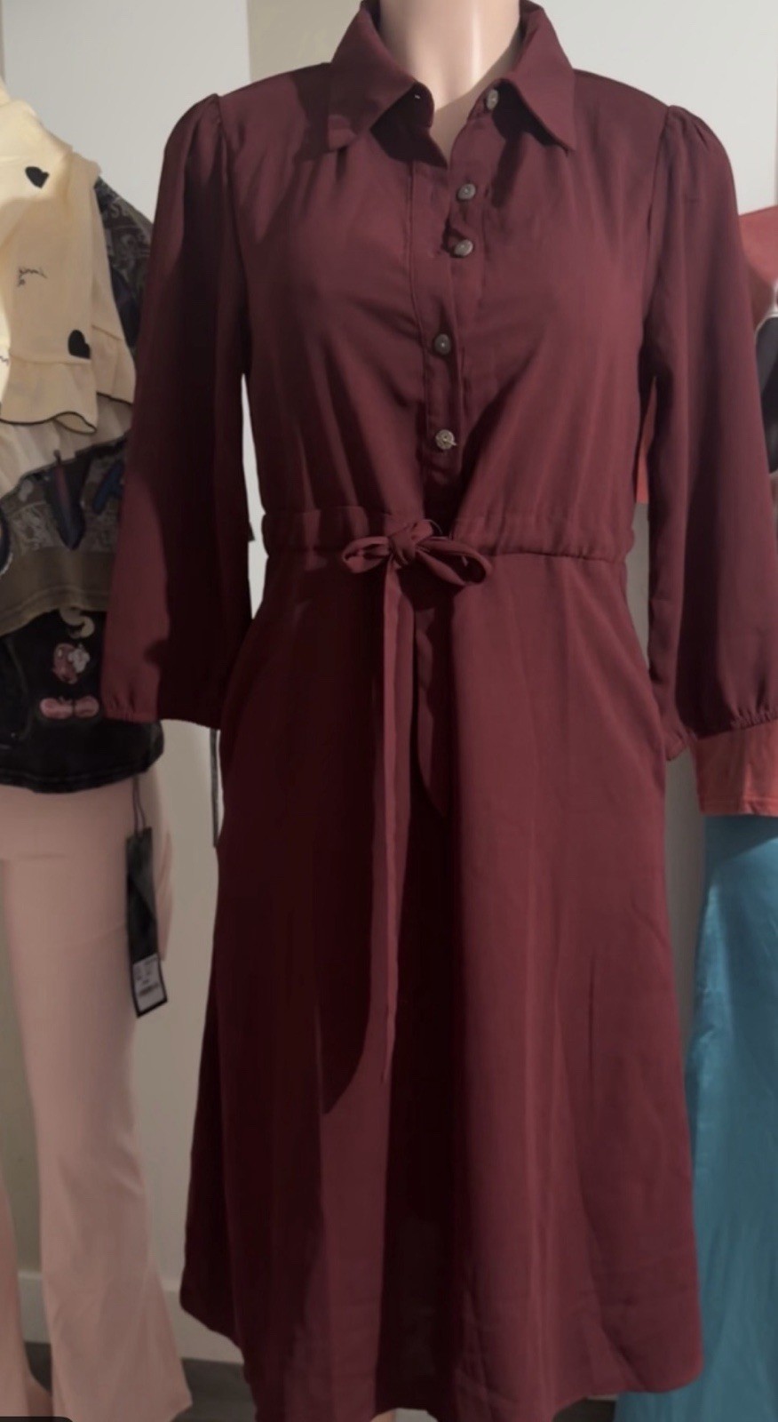 Burgundy Solid Shirt Dress Collared Button Tie Waist 3/4 Sleeve Midi Size S