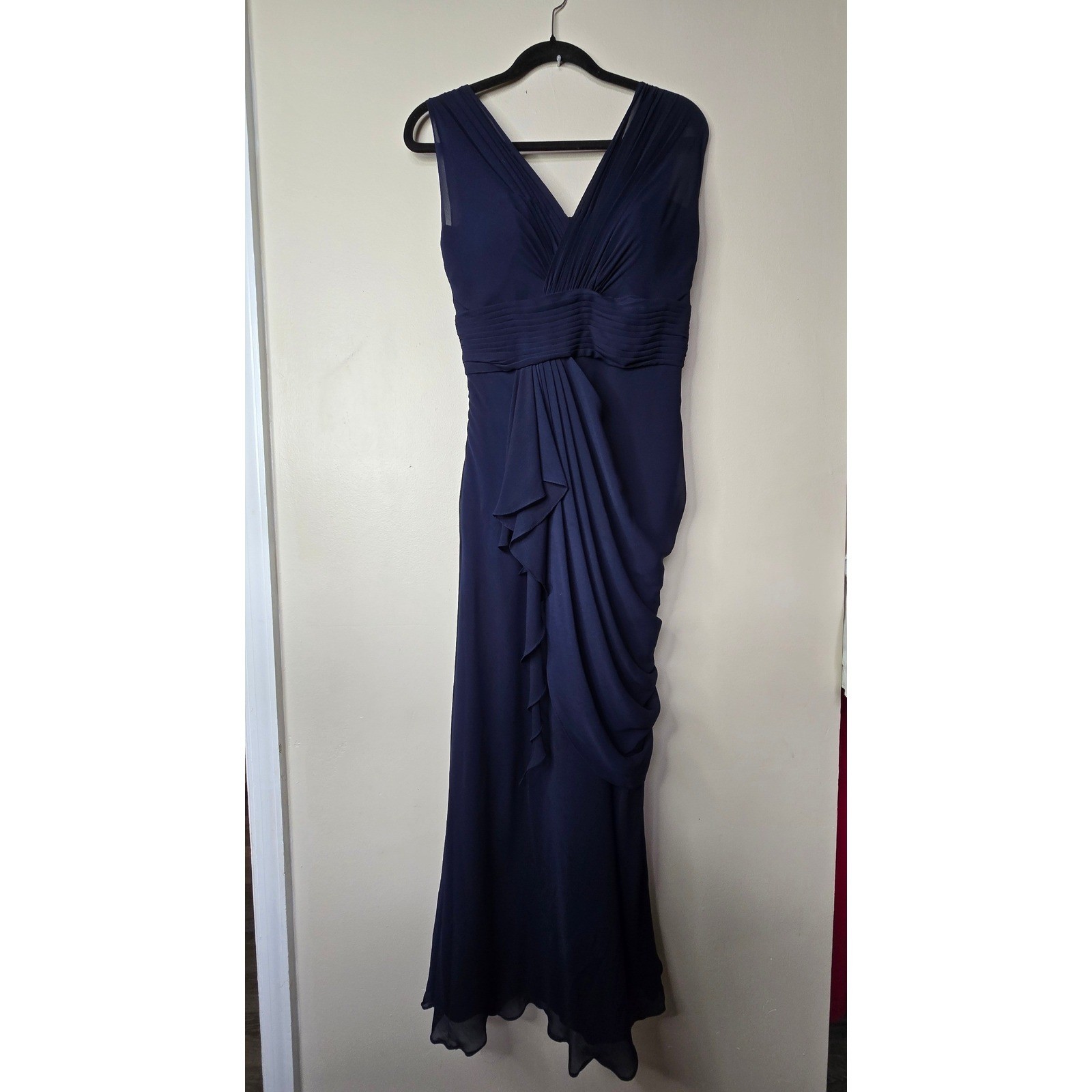 Watters & Watters Navy Blue Draped Chiffon Formal Gown Dress womens 14
