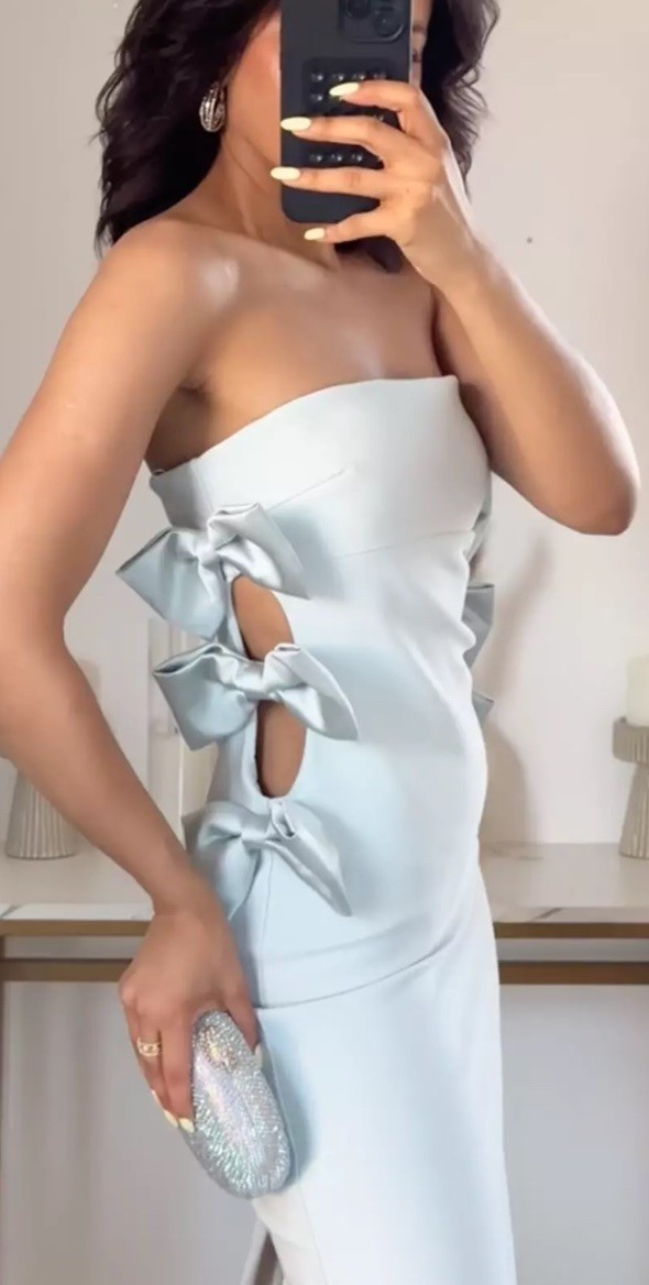 ZARA FW24 FITTED OFF-SHOULDER MIDI DRESS M SATIN BOWS SEA GREEN 4772/211 NWT