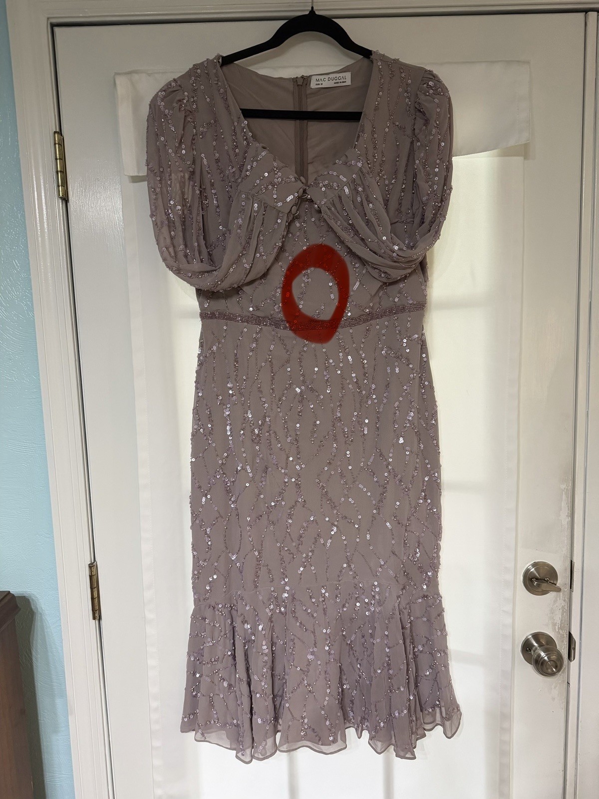 MAC DUGGAL 10767 SEQUINED ILLUSIONS LONG VINTAGE LILAC TRUMPET MIDI DRESS 10