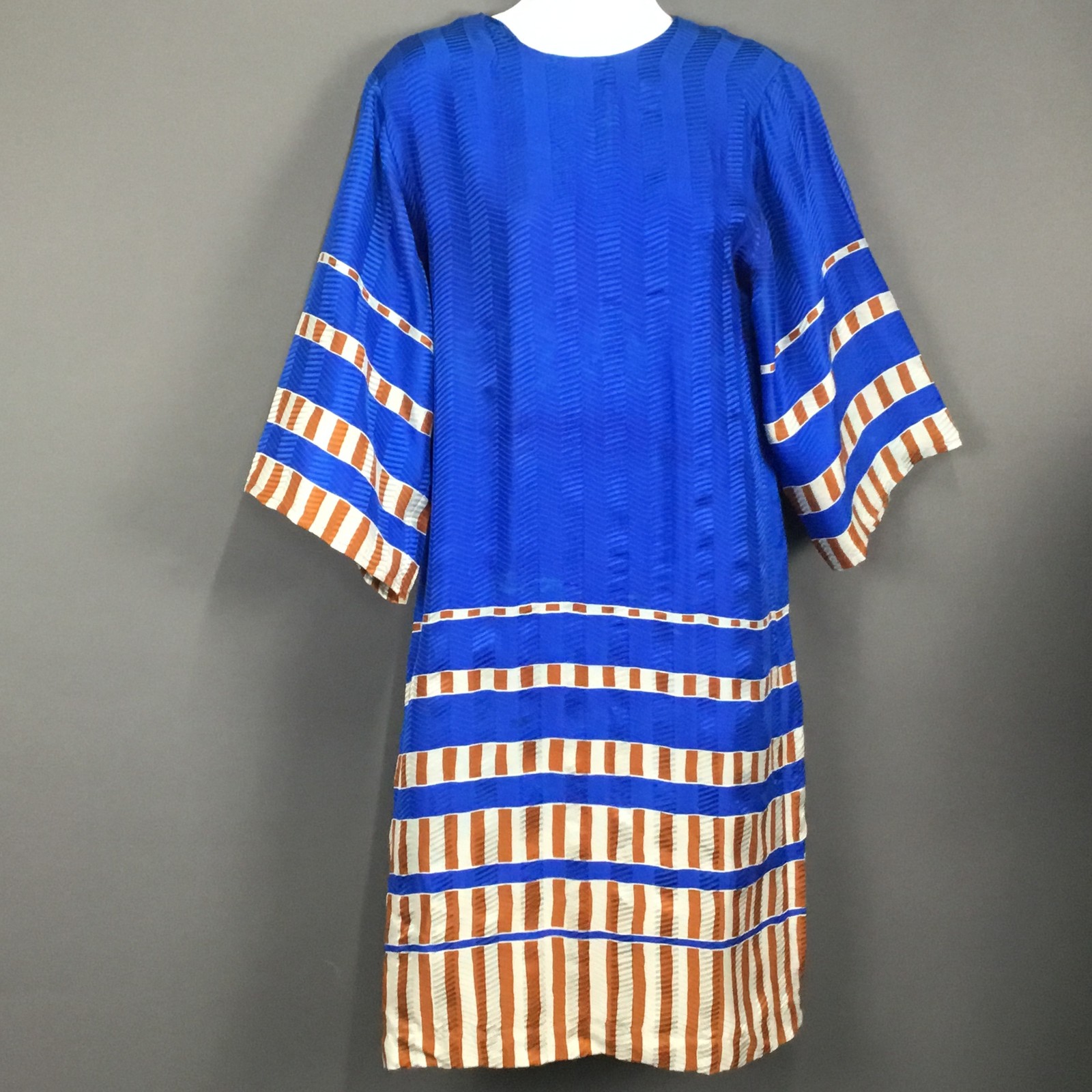 AP LTD Dress Womens 4 Blue Brown White Silk Kimono Sleeve Belted Striped Retro
