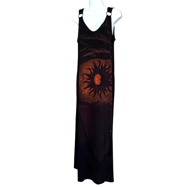 Hand Bleached Green Envelope Celestial Sun Moon Black Maxi Stretch Dress Size L