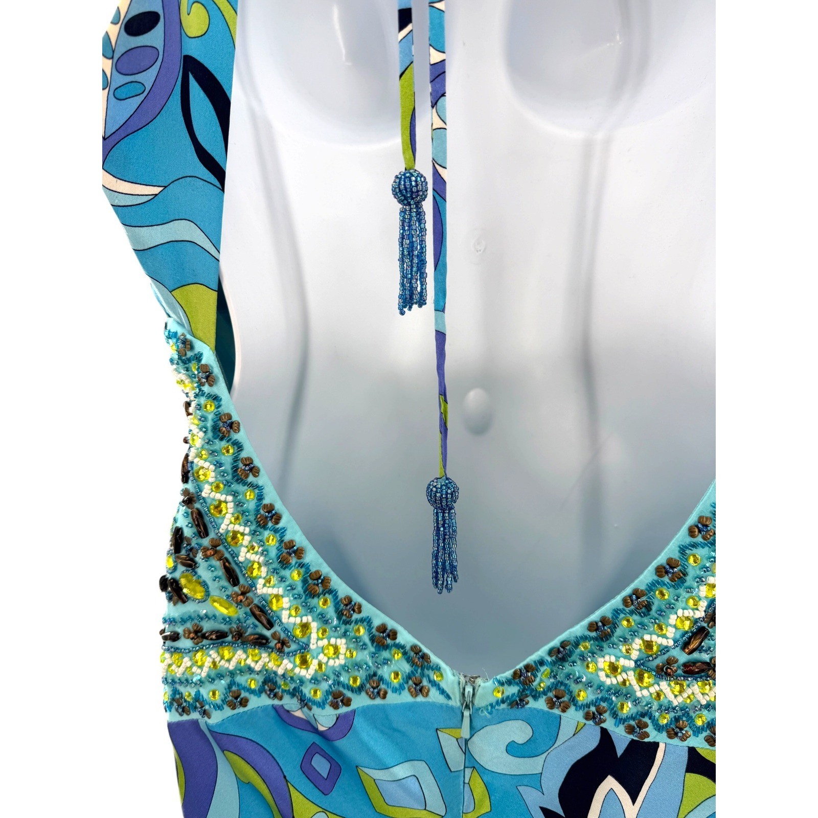 Sue Wong Nocturne Blue Silk Beaded Psychedelic Floral Maxi Dress Open Back 12