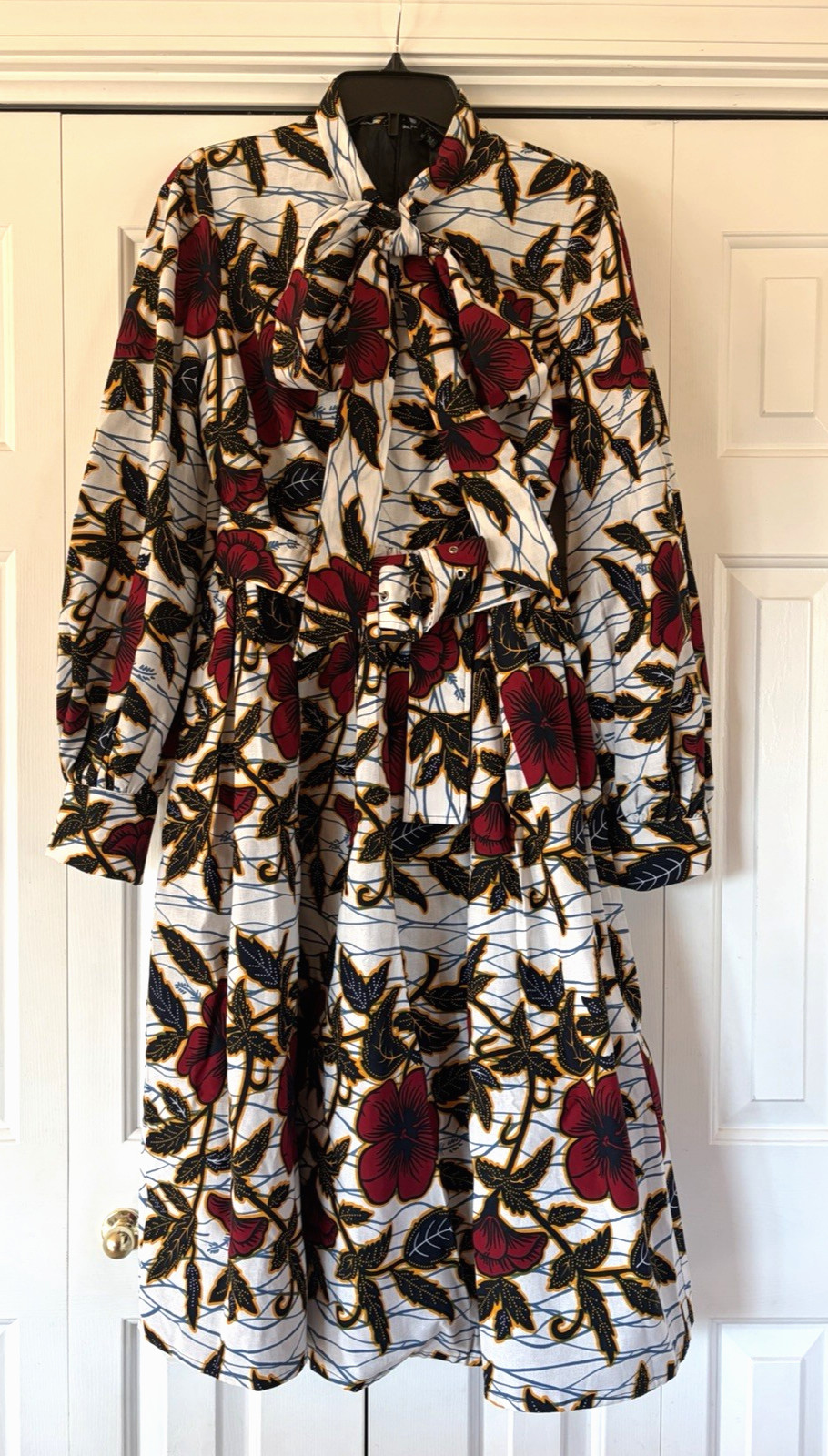 OFUURE African Print Midi Dress Tribal Red Black Balloon Sleeve Lined Pockets
