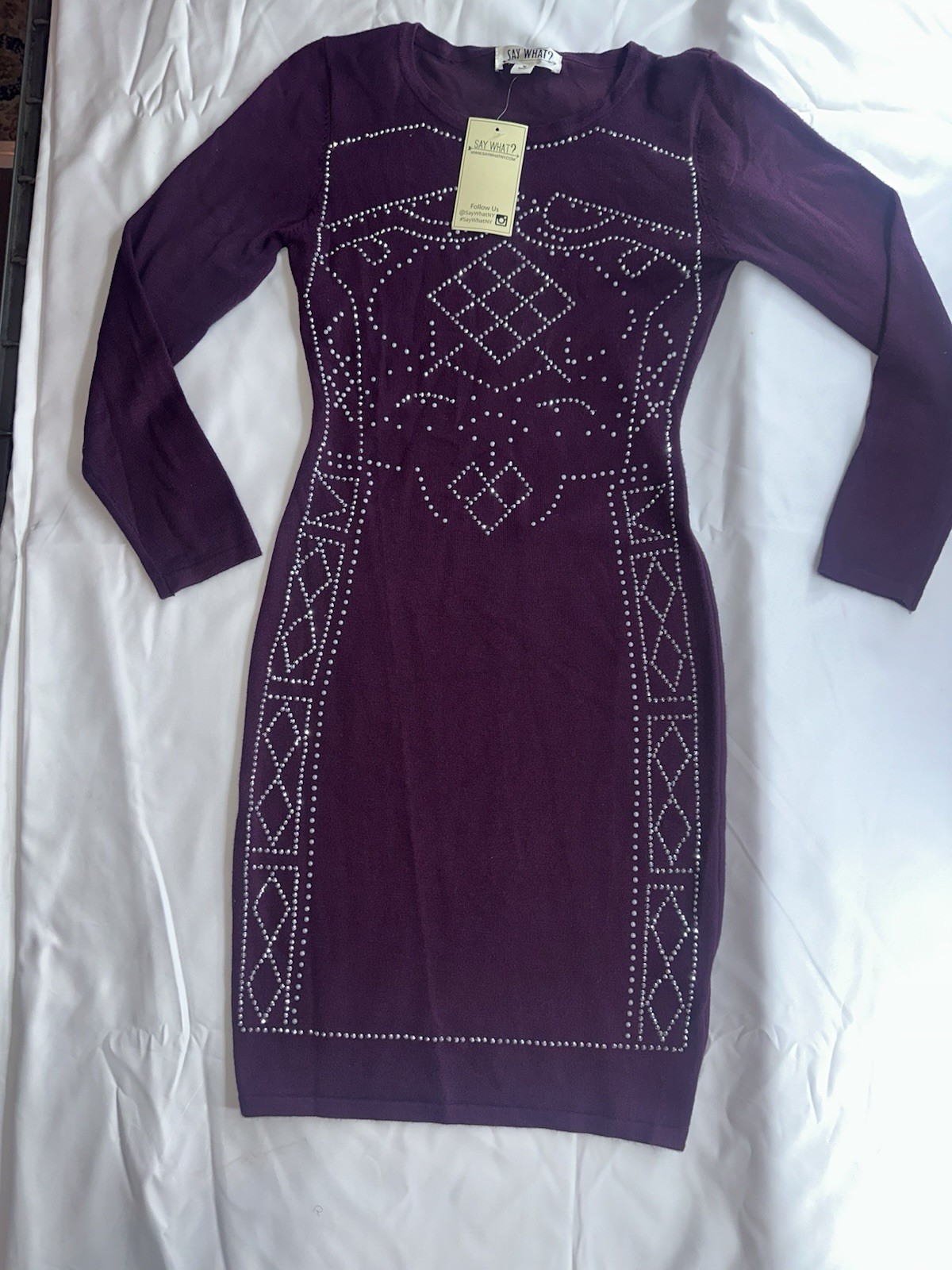 Say What? Bodycon Dress Size M Long Sleeve Purple Beaded/Studded Party Dress