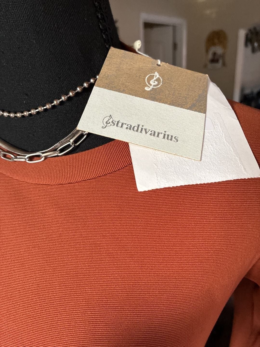 Stradivarius Long Sleeve Rust Knit Mini Dress with D-Ring Belt Detail