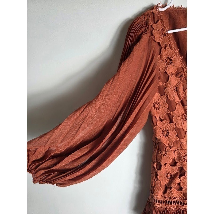 Designer Rust Floral Lace NO BELT NWT Pleated Ruffle Mini Dress Square Neck