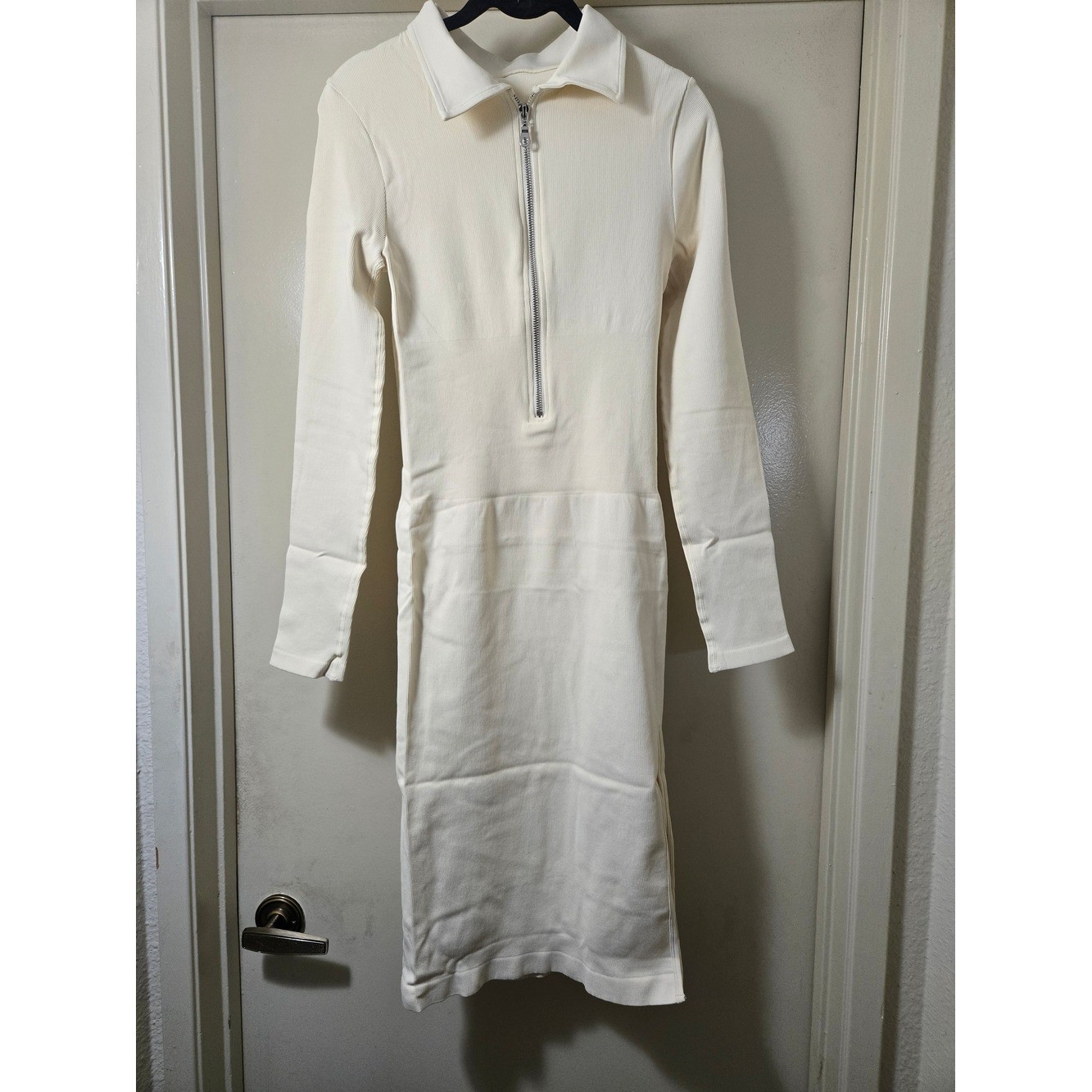 OQQ Cream Ribbed Zip Front Bodycon Midi Dress Long Sleeve Side Slit NWOT