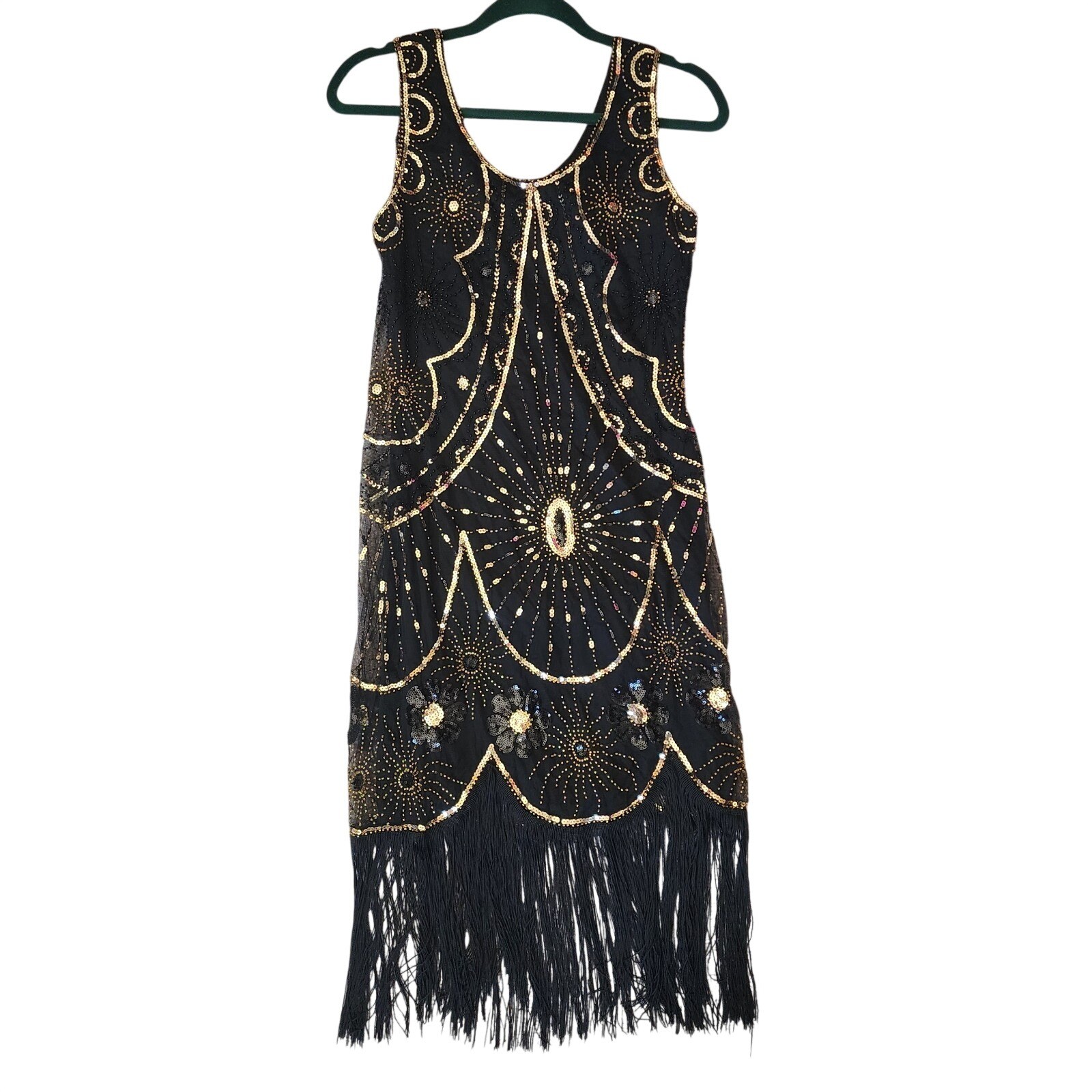 Yessa Black Gold Sequin Beaded Flapper Fringe Gatsby Dress Size Medium NWT