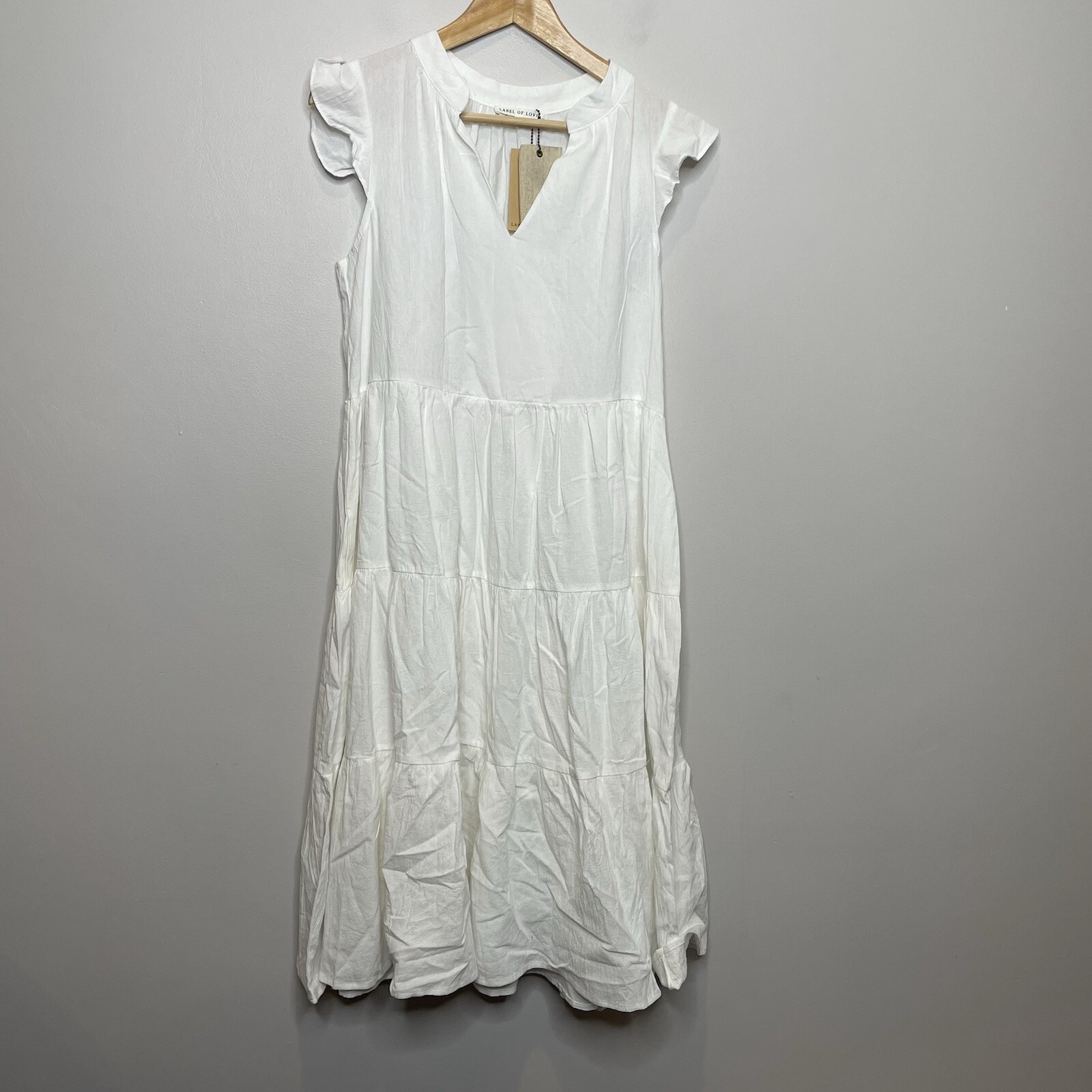 NWT Label of Love Tiered White Cotton Midi Dress Flutter Sleeve M Flowy Beach