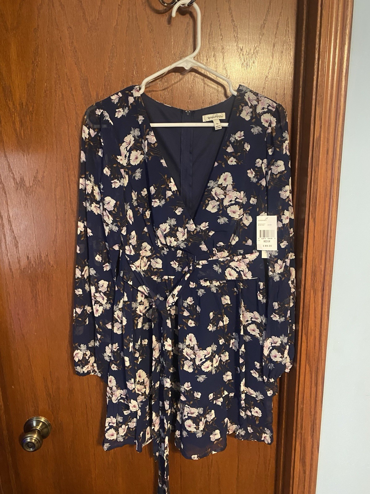Speechless Women’s M Navy Pink White Floral V-Neck Long Sleeve Short Dress