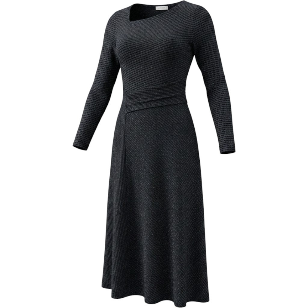 Akemi + Kin Black Metallic Ribbed Asymmetrical Midi Dress Womens XS Ruched Waist