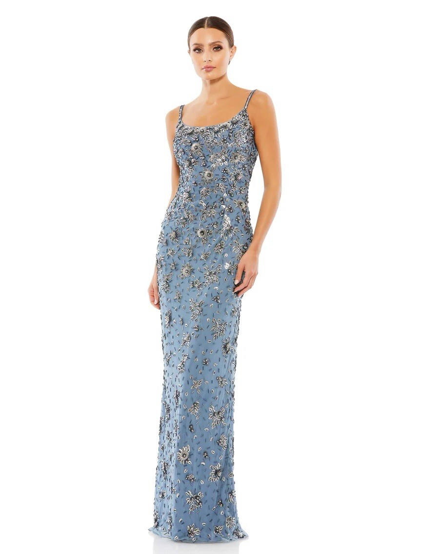 MAC DUGGAL FLORAL EMBELLISHED SCOOP NECK EVENING GOWN 5477 SIZE 16 SLATE GRAY