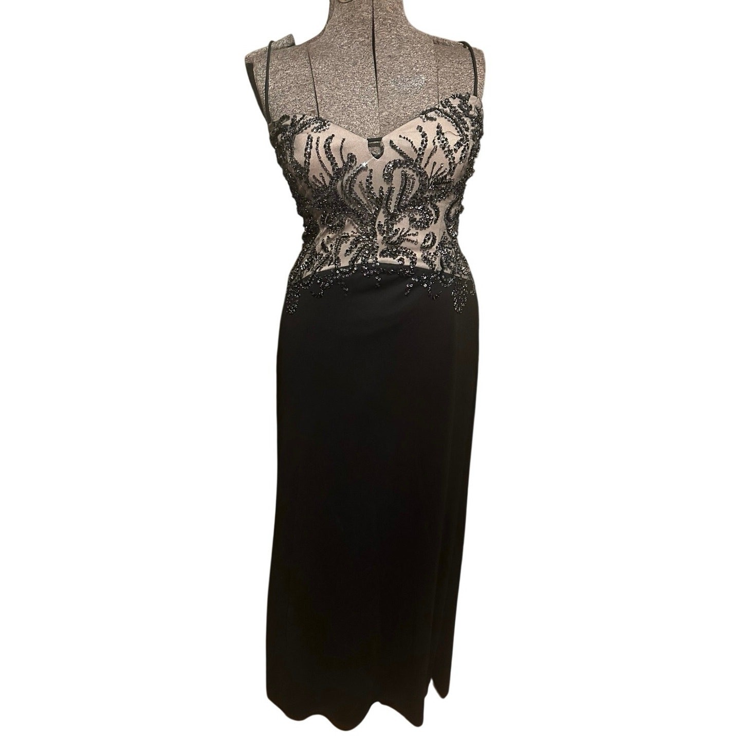 Vtg 90s Y2K Niki Livas Black Illusion Bodice Maxi Dress 8 Gala Gown Formal Prom
