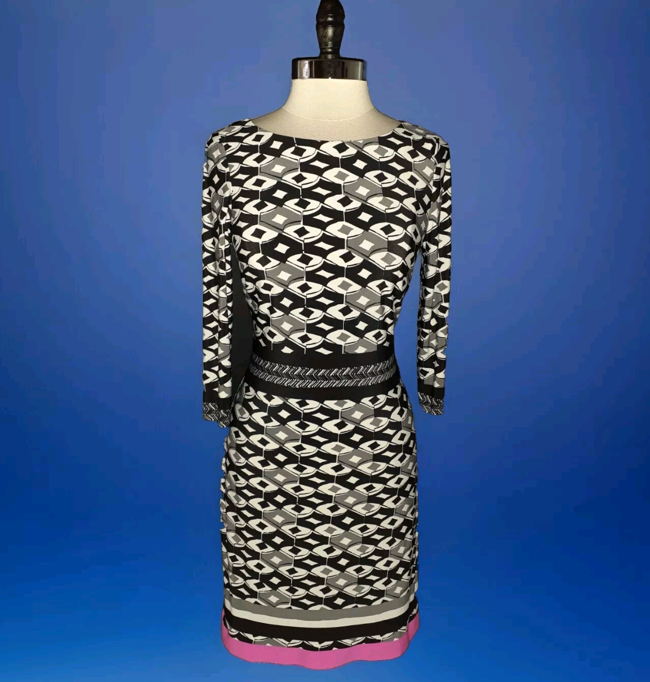 ELIZA J Size 10 A-Line Dress Black White Pink 3/4 Sleeve Stretch Knit