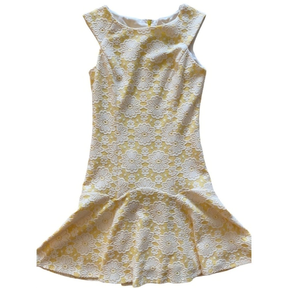 Nanette Lepore Yellow White Floral Lace Drop Waist Flounce Hem Dress Size 12