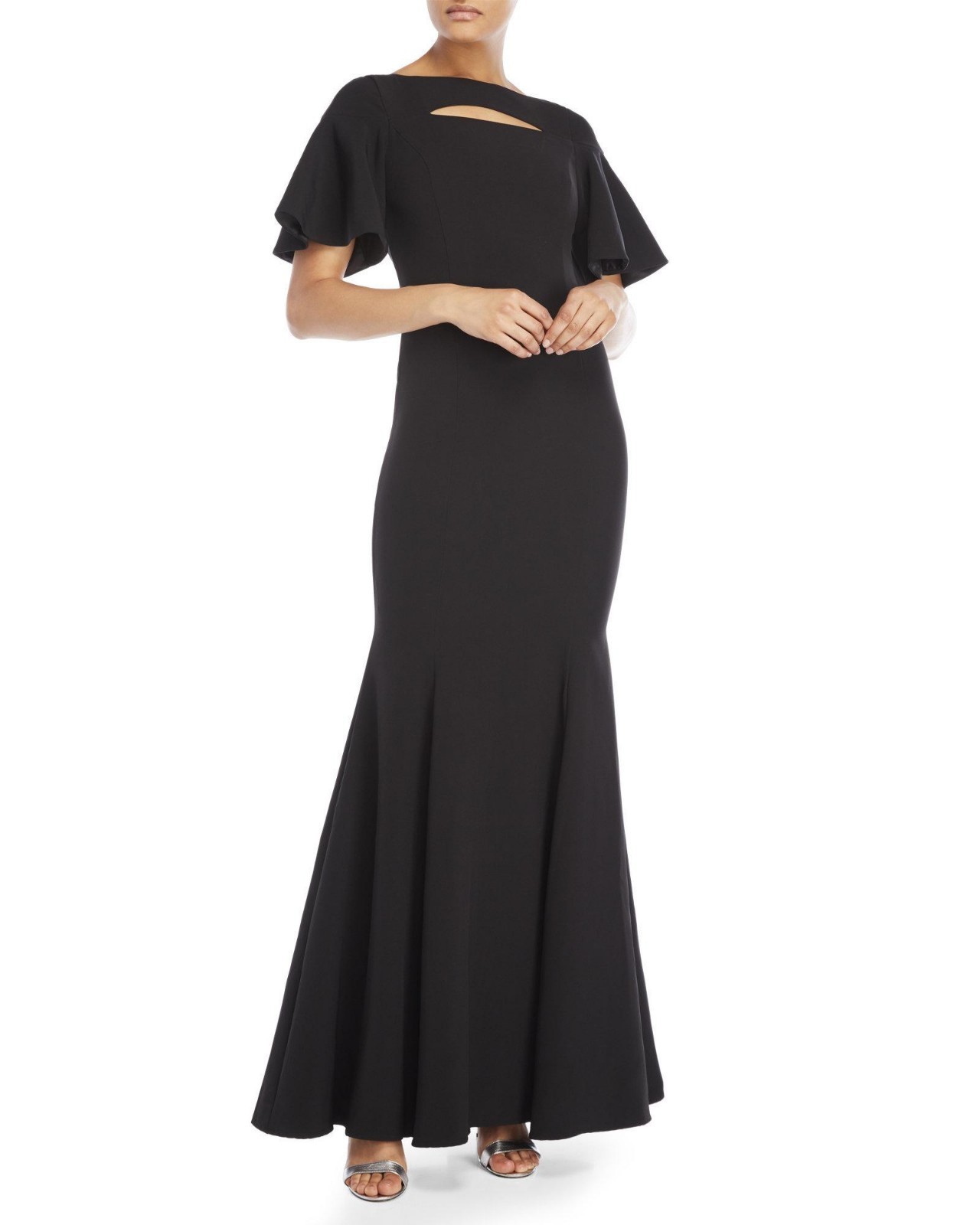 JAY GODFREY Black Cutout Flutter RuffleSleeve Stretch Mermaid Maxi Gown Dress 8